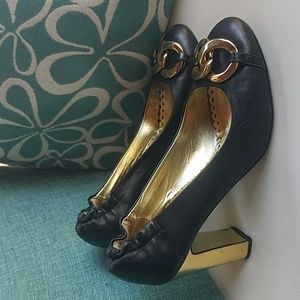JUICY COUTURE high ballet heel black leather shoes gold chain & mirrored…